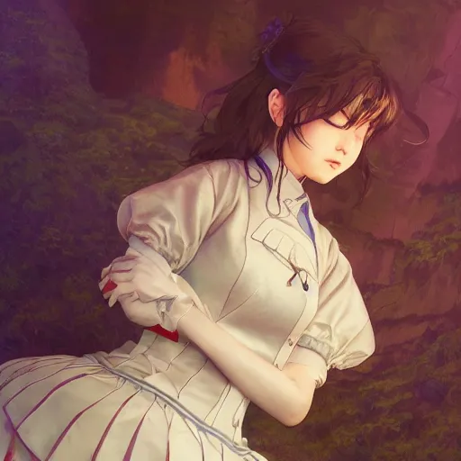 Image similar to a young woman in maid uniform by Stanley Artgerm Lau, WLOP, Rossdraws, Guweiz, Marc Simonetti, kyoani, krenz cushart, pixiv, background by James Jean and gustav klimt and John Marshall Gamble, 4k, volumetric lighting, french nouveau, trending on artstation, octane render, hyperrealistic