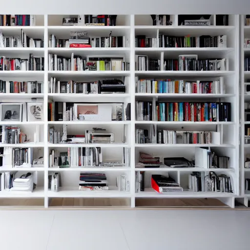 Prompt: photo of white bookshelf designed by jean nouvel