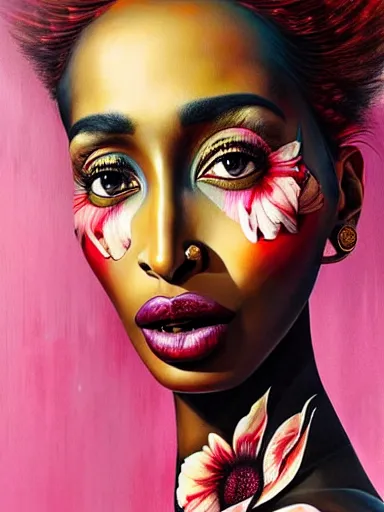 Image similar to portrait of iman with a floral background : : painted by artgerm, karol bak, artur bordalo, sandra chevrier : : portrait, character, illustration, hyperrealism, photorealism