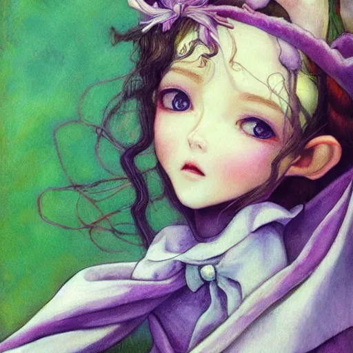 Prompt: little elf girl, santa claus suit, soft hair. light color palate, purple, yellow and white. detailed soft painting, ayami kojima, made in abyss, anatomically correct, inspired in balthus, high detailed face anime, vogue magazine, glorious composition