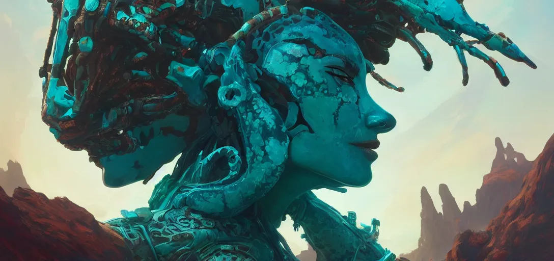 Image similar to asymmetry!! portrait of teal coral alien in the style of horizon zero dawn, machine face, intricate, elegant, highly detailed, digital painting, artstation, concept art, smooth, sharp focus, illustration, art by artgerm and greg rutkowski and alphonse mucha, 8 k