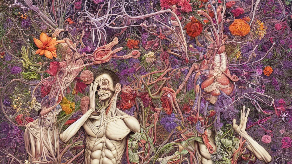 Image similar to highly detailed illustration of a human anatomy body exploded by all the known species of flowers by juan gatti, by moebius!, by oliver vernon, by joseph moncada, by damon soule, by manabu ikeda, by kyle hotz, by dan mumford, by kilian eng