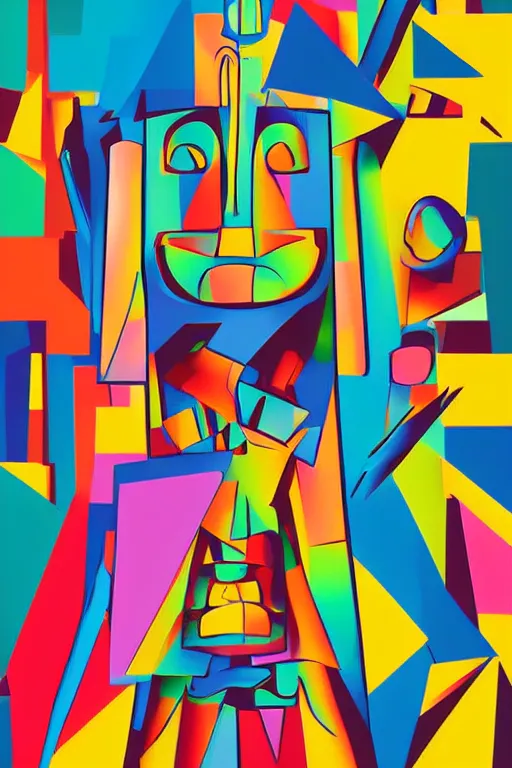 Image similar to cubist moai statue cutout digital illustration cartoon colorful beeple