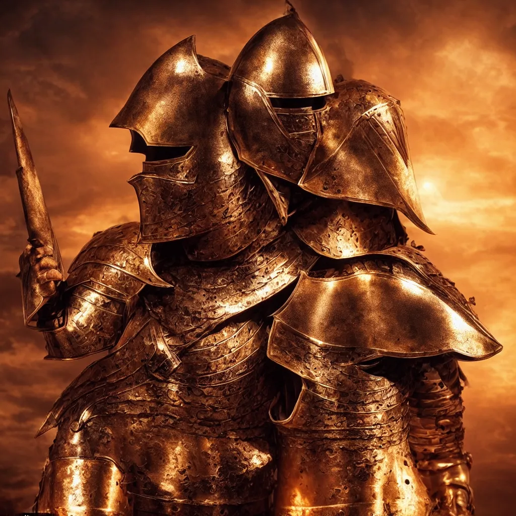 Image similar to of a photo of a knight character that has a helmet that is made of copper and gold, beautiful sculpted details, cinematic lighting, this knight is a war lord who roamed the fields in many battles, there is a faint red aura to him displaying a lot of power