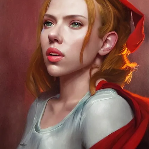 Image similar to a movie still frame, of scarlett johansson as a female elf, oil on linen, beautiful painting, by tooth wu, artgerm, fantasy concept art portrait, by bayard wu,