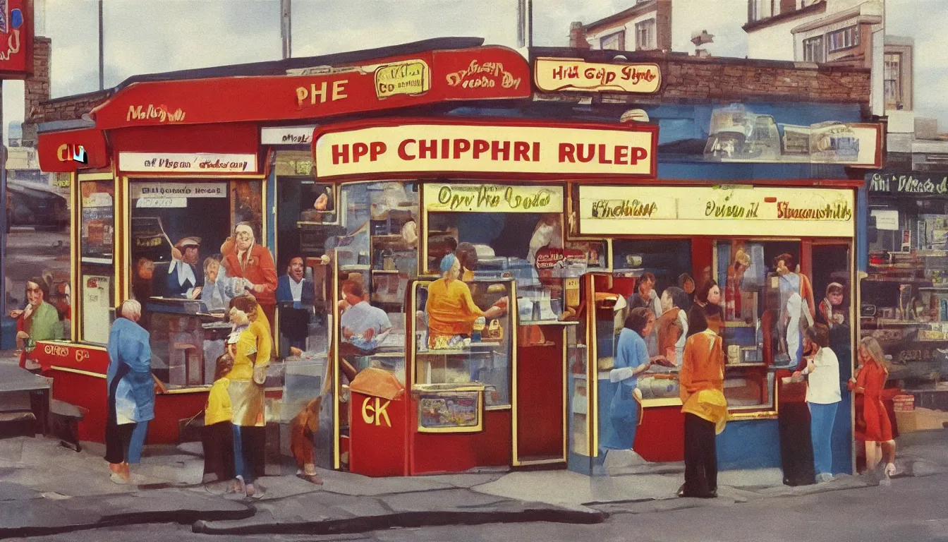 Prompt: 1 9 7 0 s chip shop, customers argue about the price, hyper realistic photo, full colour, upscale, 8 k, masterpiece,