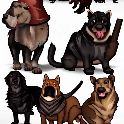 Image similar to a group of mafioso dogs, realistic, dark, menacing