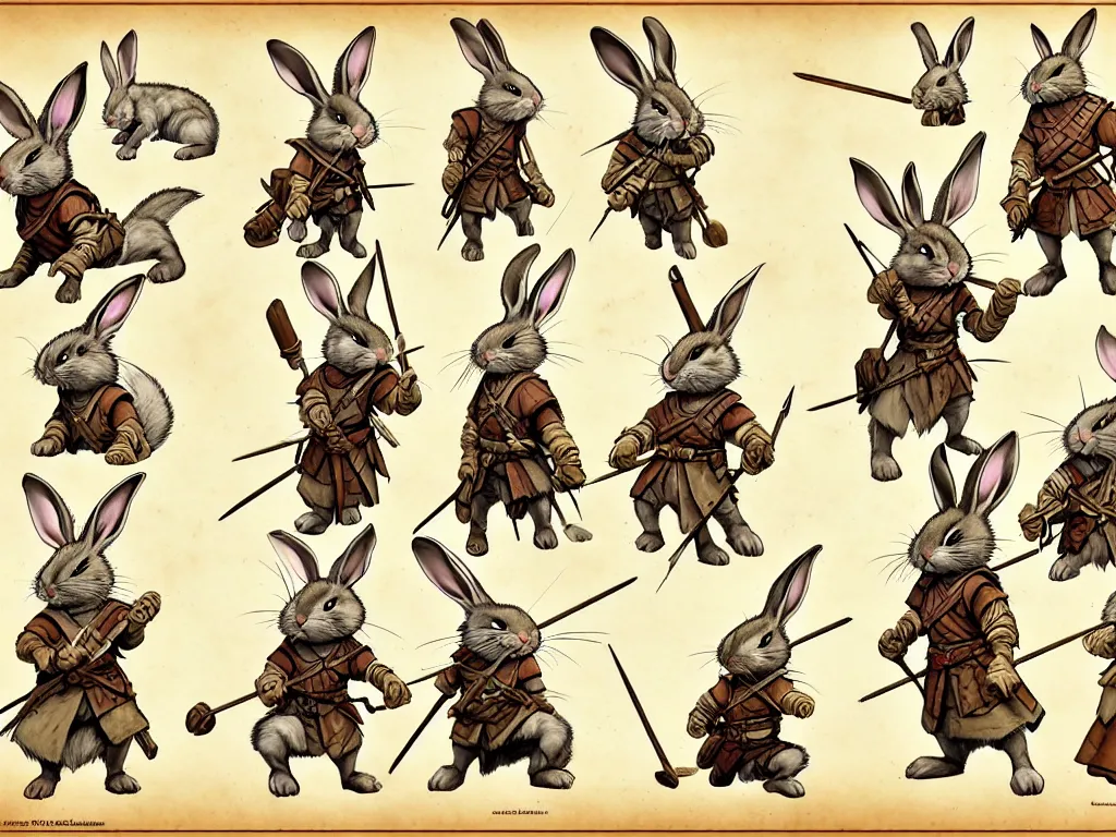 Prompt: character design sheet for a group of heroic rabbit archers on a parchment background, redwall, greg rutowski and jean baptiste monge, very very detailed, epic fantasy concept art