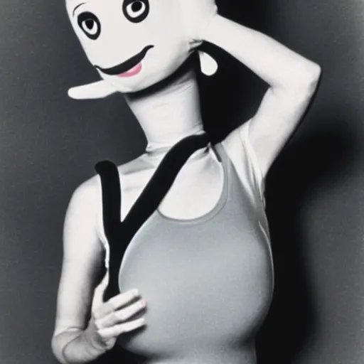 Image similar to 1976 woman wearing a long prosthetic snout nose and nostril, soft color wearing a leotard 1976 holding a smiley inflatable hand puppet color film 16mm Almodovar John Waters Russ Meyer Doris Wishman old photo