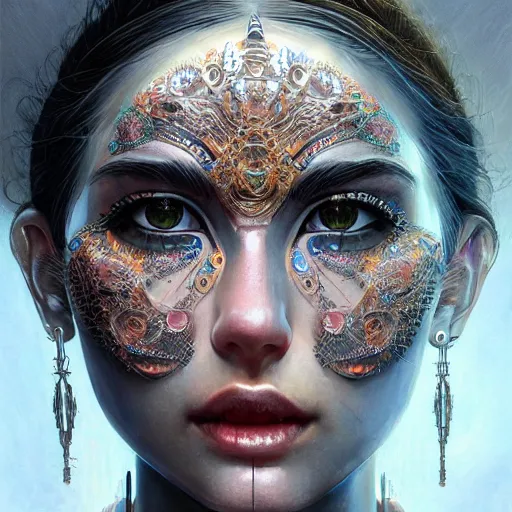 Image similar to a robotic goddess, tattoo face, jewelry skin, highly detailed, digital painting, smooth, sharp, beautiful face, expressive eyes, highly intricate, art by greg rutkowski and alex gray