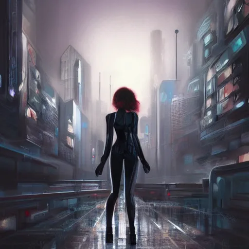 Prompt: black widow in a cyberpunk world, artstation hall of fame gallery, editors choice, #1 digital painting of all time, most beautiful image ever created, emotionally evocative, greatest art ever made, lifetime achievement magnum opus masterpiece, the most amazing breathtaking image with the deepest message ever painted, a thing of beauty beyond imagination or words