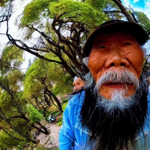 Prompt: Fisheye selfie of an old japanese man with long beard