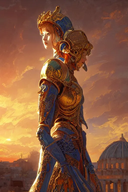 Image similar to portrait knights of Zodiac girl, metalic orange and dark blue reflected armor, in ruined Agora of Athens sunrise, ssci-fi, fantasy, intricate, very very beautiful, elegant, golden light, highly detailed, digital painting, artstation, concept art, smooth, sharp focus, illustration, art by tian zi and WLOP and alphonse mucha