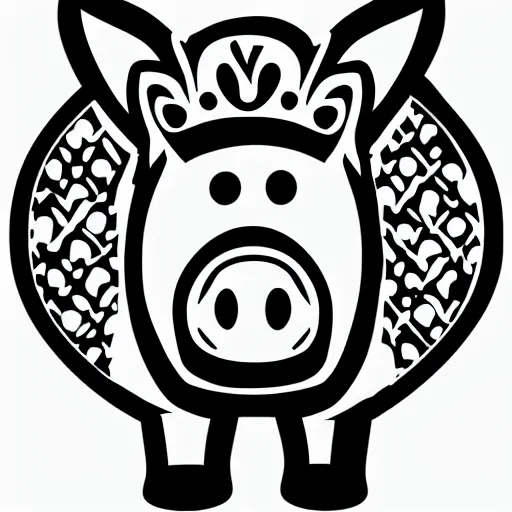 Prompt: full body side view of a pig wearing a crown thick lines black and white logo vector 8k