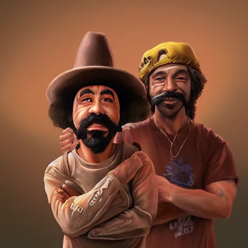 Image similar to portrait of cheech and chong, concept art, artstation, highly detailed, smoke background,