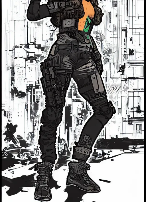 Image similar to maria. buff cyberpunk mercenary. portrait illustration, pop art, splash painting, art by ashley wood, alphonse mucha, laurie greasley and josan gonzales