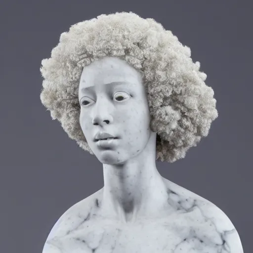 Image similar to a photorealistic all white marble sculpture of a black girl with a white afro