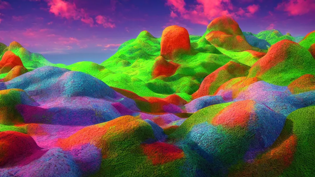 Image similar to beautiful landscape, surrealism, bright color pallet, low quality render