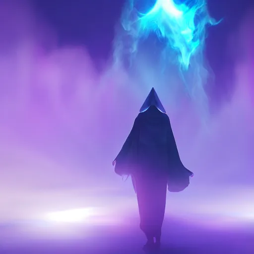 Prompt: luminescent purple wizard, female, dark background, volumetric fog, 4K