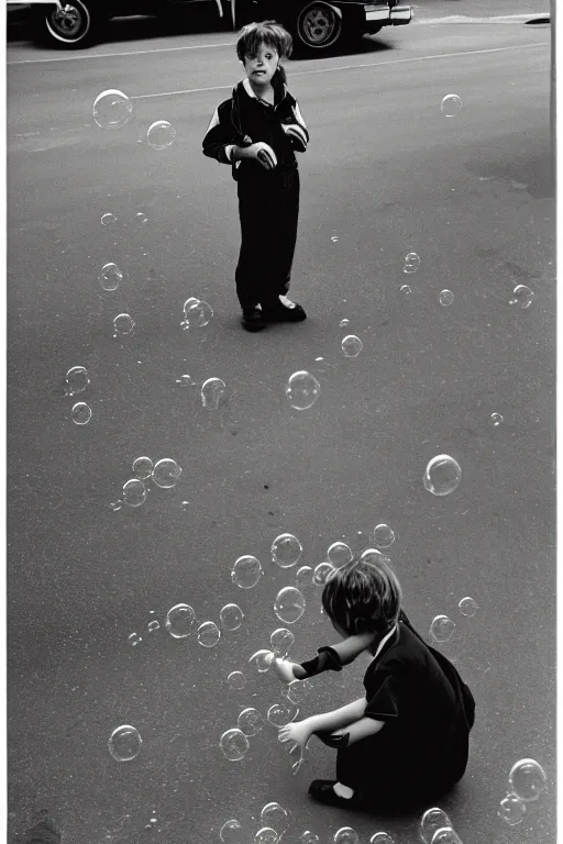 Image similar to street, 2 tomboys blow gum bubbles, 1 9 8 0 s film photography, exposed b & w photography, christopher morris photography, bruce davidson photography, peter marlow photography