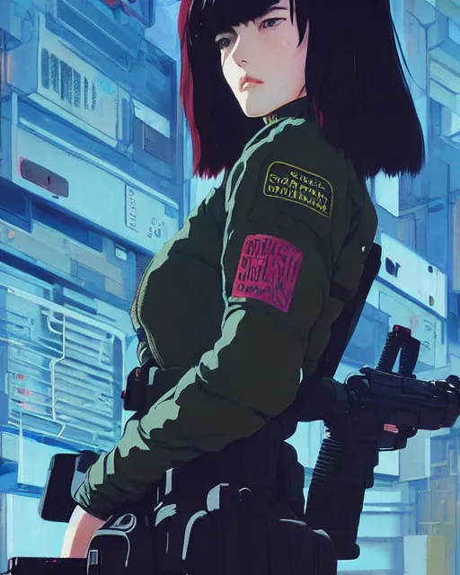 Image similar to girl wearing in tactical gear | | audrey plaza, fine detail!! anime!! realistic shaded lighting!! dramatic!! poster by ilya kuvshinov katsuhiro otomo ghost - in - the - shell, magali villeneuve, artgerm, jeremy lipkin and michael garmash and rob rey