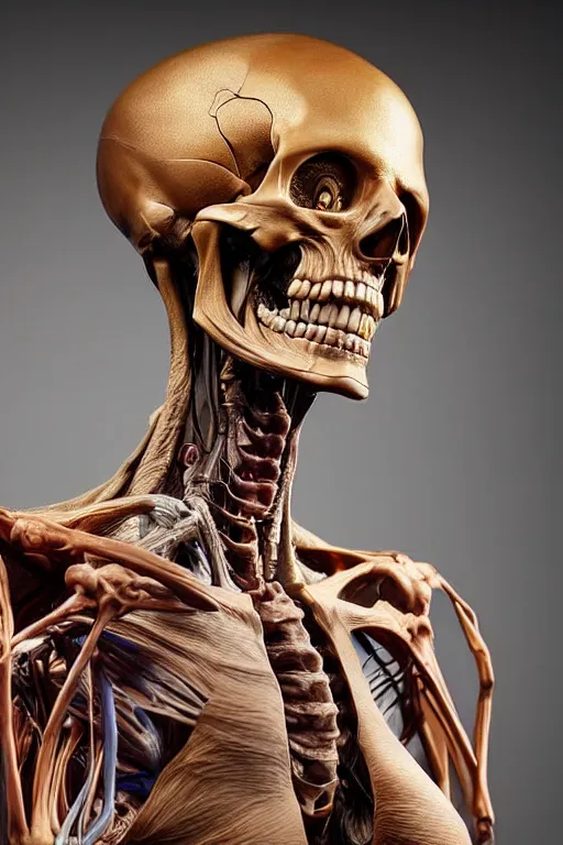 Image similar to photo taken of an epic intricate, ultra detailed, super realistic sculpture of a anatomical death sculpture on display, created by weta workshop, photorealistic, sharp focus, f 0. 4, face centred, golden ratio