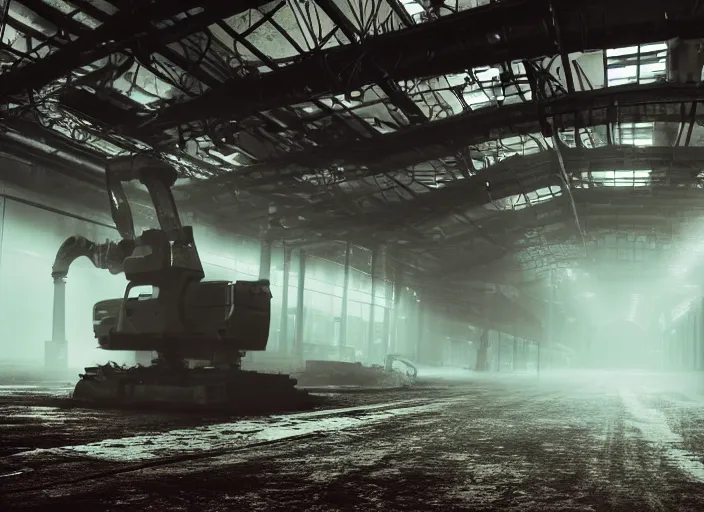 Image similar to enormous machine standing alone in a factory, green ambient light, light fog, creepy, cinematic still, 4k,