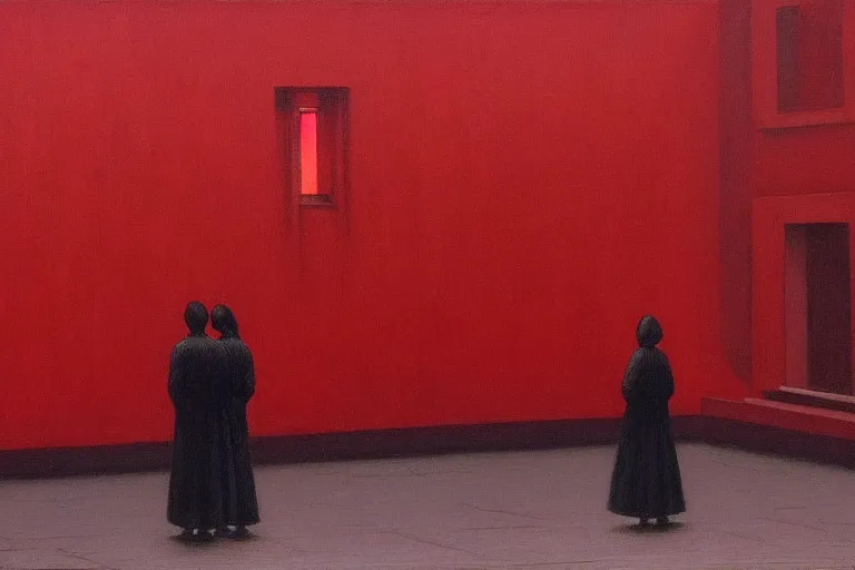 Image similar to only with red, crowd delirious at the sight of a painting, in a city square, in the style of beksinski, parts by edward hopper, parts by rodcenko, parts by yue minjun, intricate and epic composition, red by caravaggio, insanely quality, highly detailed, masterpiece, red light, artstation, 4 k