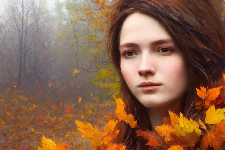 Prompt: how i wish i could see the autumn, when the leaves start to turn to the color of your hair, oil on canvas, close up portrait of a beautiful woman with long wavy hair, autumn leaves colored, in a forest in autumn, by jeremy lipking, craig mullins