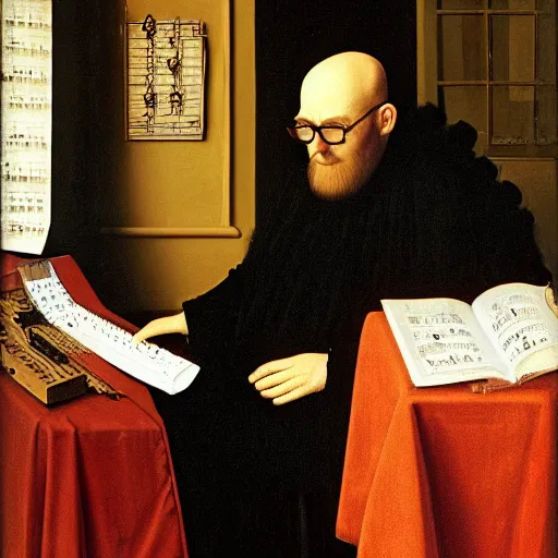 Prompt: jan van eyck style oil painting of slim bald man with glasses and a beard wearing a t - shirt making music on ableton software on his computer