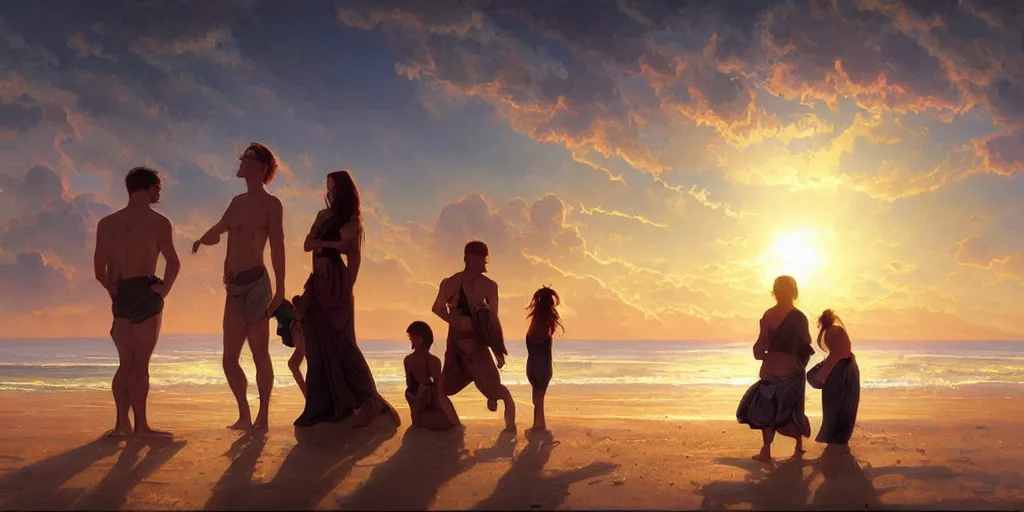 Image similar to four people watching sunset on a beach with a close planet's surface covering most of the sky, intricate, highly detailed, digital painting, trending on artstation, concept art, smooth, illustration, cinematic lighting, art by artgerm and greg rutkowski and alphonse mucha