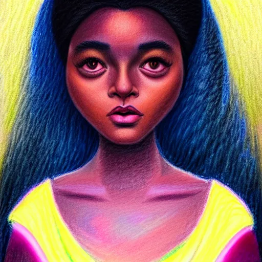 Image similar to crayon drawing of ☁✨🌙👩🏾, plus size woman, soft elegant gown, neon god of city character portrait, in the style of margaret keane, moebius, tom bagshaw, and waterhouse, cinematic lighting, beautiful, elegant, oil painting,