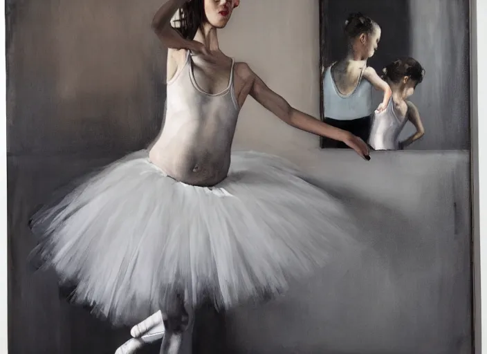 Prompt: young ballerina training in a big dark room, painted in style of marlene dumas, andreas gursky, oil painting, dripping paint, intricate details, lonely, psychologic, melancholic, symmetrical face, hyper detailed