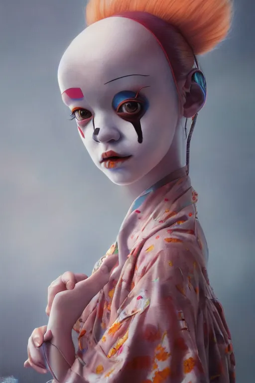 Image similar to breathtaking detailed painting of clown girl , with anxious, piercing eyes, Atari game cover art by Hsiao-Ron Cheng, James jean, Miho Hirano, Hayao Miyazaki, extremely moody lighting, hyperrealistic, octane render, RPG portrait, ambient light, dynamic lighting