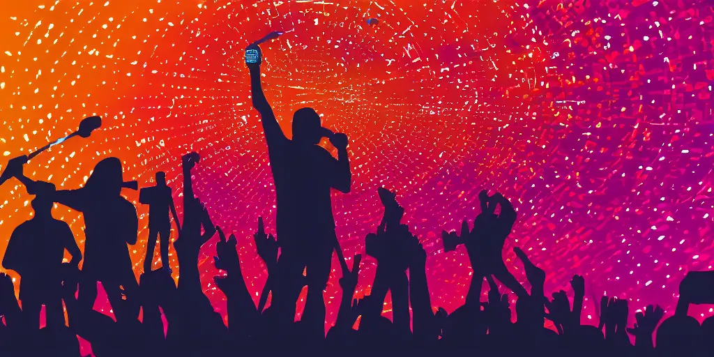 Image similar to rapping into microphone, silhouette, huge crowd, outrun, hip hop, digital art, Aurora borealis, trending on Artstation, professional artist, detailed, 4k