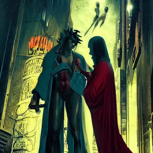 Image similar to dante et virgile en enfer in cyberpunk style