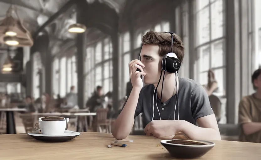 Image similar to a male teenager with headphones in a cafe sitting in front of a table with a coffee, digital painting, masterpiece, digital art, concept art, octane render, unreal engine 5, trending on deviantart, highly detailed, high quality, 4 k, cartoon, high coherence, realistic, anatomically correct, five fingers, relaxing, realistic and detailed face, beautiful, elegant