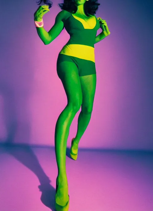 Image similar to a color photo portrait of she hulk in la wearing 6 0's fashion by tim walker, dramatic lighting, 7 5 mm lens, sharp focus.