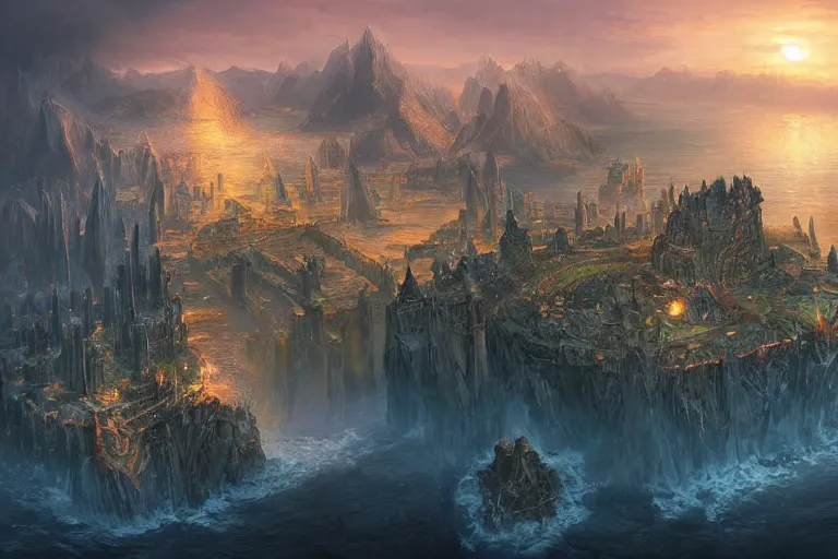 Prompt: high aerial shot, fantasy landscape, sunset lighting ominous shadows, cinematic fantasy painting, dungeons and dragons, a port city, harbor, bay, with an elvish fortress inspired by the syndey opera house by jessica rossier and brian froud