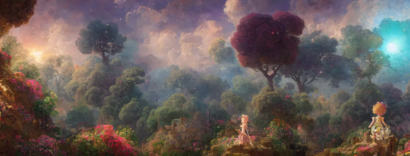 Image similar to a beautiful landscape painting of steampunk landscape, a junk nebula in the sky, galaxies visible, giant trees and colourful flowers, a tiny girl looking on with her talking cat, by jean - honore fragonard and don bluth and makoto shinkai, light rays, trending on artstation, octane render