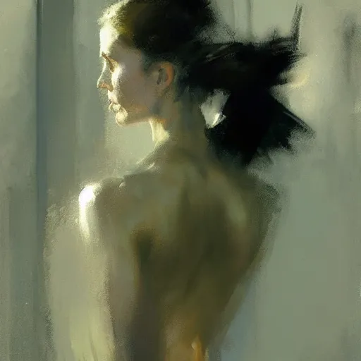 Image similar to portrait of a emotional dancer practicing alone, soft window light, long shadows, by craig mullins, jeremy mann.