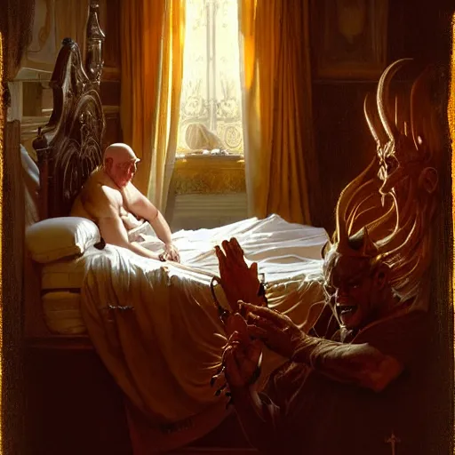 Image similar to the pope wakes up is his bed, sweating, nervous, terrified, because a double horned shadow demon lurks in the papal bedroom. highly detailed painting by gaston bussiere, j. c. leyendecker, greg rutkowski, craig mullins 8 k