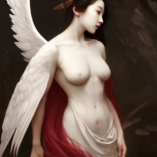 Image similar to Beautiful pale angelic goth korean girl with angel wings, masterpiece 4k digital illustration by Ruan Jia and Mandy Jurgens and Artgerm and william-adolphe bouguereau, highly detailed, trending on artstation, award winning,