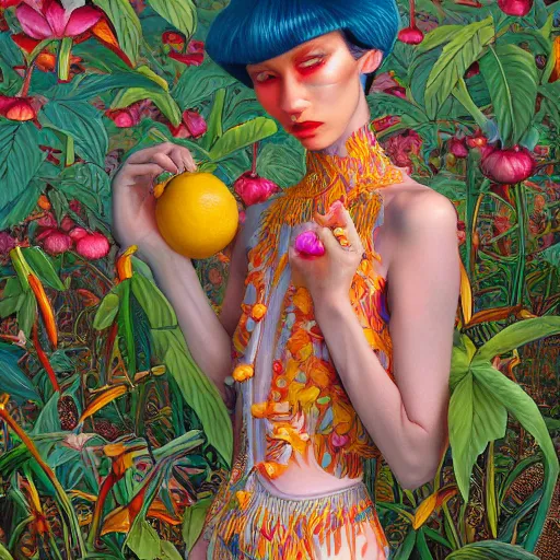 Image similar to pretty model with botanical and bright fruits : : by martine johanna and simon stalenhag and chie yoshii and casey weldon and wlop : : ornate, dynamic, particulate, rich colors, intricate, elegant, highly detailed, vogue, harper's bazaar art, fashion magazine, smooth, sharp focus, 8 k, octane render