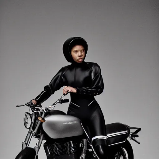 Image similar to realistic photoshooting for a new balenciaga lookbook, color film photography, portrait of a beautiful woman, woman is wearing a motorcycle suit, in style of Tyler Mitchell, 35mm,