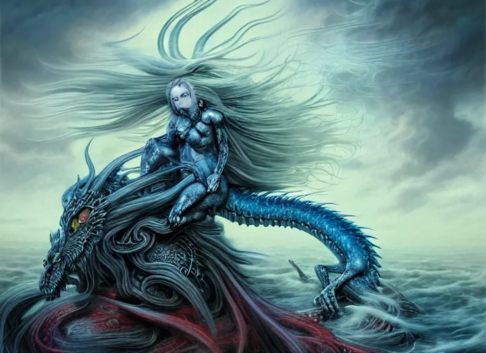 Prompt: realistic detailed image of a Norse Goddess-dragon-cyborg, bluish hair blowing in an angry and stormy moody atmosphere, running wildly in her chariot, anime art, anime, impressionistic gothic, rich deep colors, inspired by H.R. Giger and Zdzislaw Beksinski and Mark Ryden, a masterpiece, matte painting, digital art, trending on artstation.