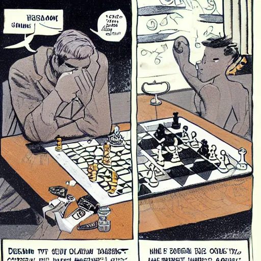 Image similar to dream and desire playing a match of chess, comic art