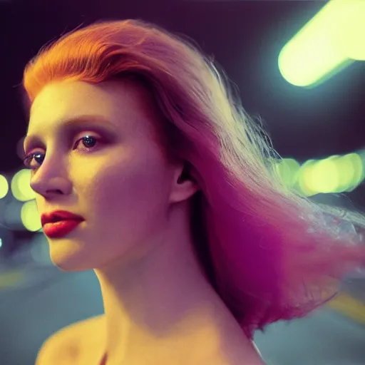 Prompt: A hyper realistic and detailed head portrait photography of a statuesque redhead wearing a translucent iridescent shimmering dress on a futuristic street. by Annie Leibovitz. Neo noir style. Cinematic. neon lights glow in the background. Cinestill 800T film. Lens flare. Helios 44m