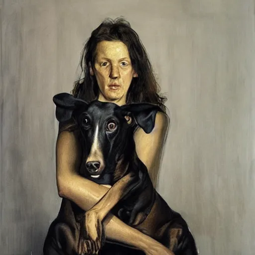 Image similar to woman with black greyhound, by jenny saville. dark atmosphere