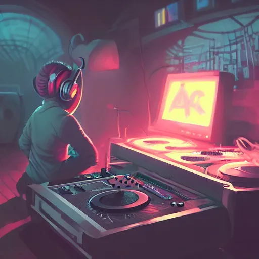 Prompt: hand drawn cute hardcore music dj, playing music for online streaming, detailed face, concept art, low angle, high detail, warm lighting, volumetric, godrays, vivid, beautiful, trending on artstation, by jordan grimmer, huge scene, art greg rutkowski